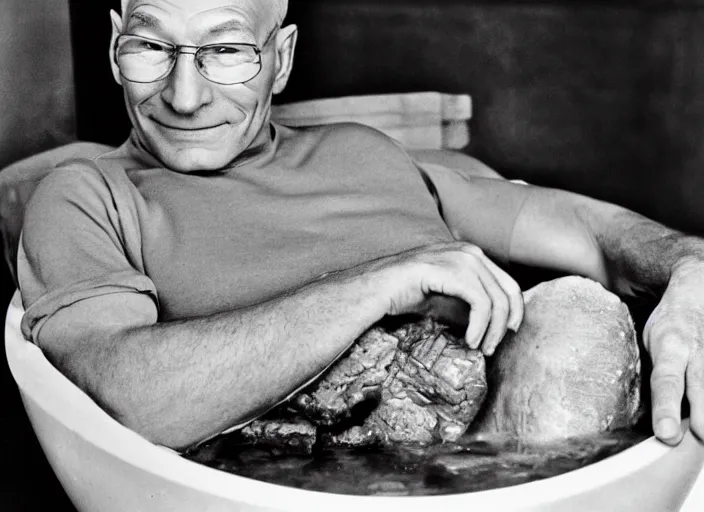 Prompt: patrick stewart sitting in a big bowl of beef stew