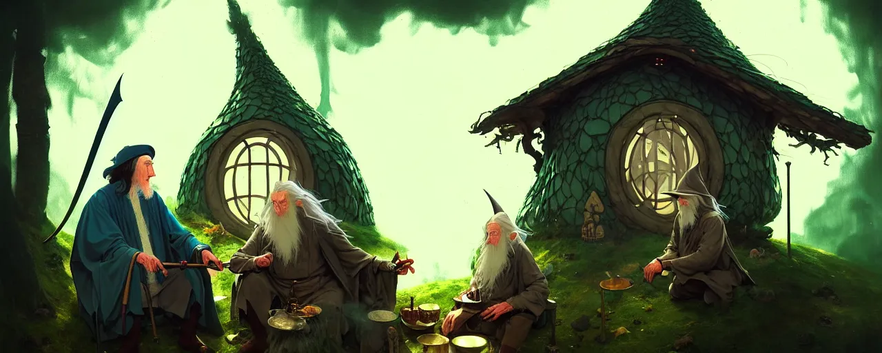 Prompt: duotone concept illustration 3 / 4 portrait of 2 persons jrr tolkien and wizard gandalf in hobbit house smoking pipe rustical style. cinematic volumentric lighting. accidental renaissance. by sachin teng and sergey kolesov and ruan jia and heng z. graffiti art, scifi, fantasy, hyper detailed. octane render. concept art. trending on artstation