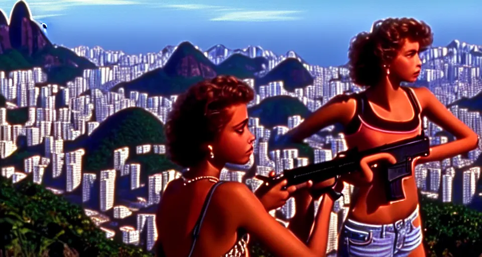 Image similar to 1 9 8 6 movie screencap of a girl with a gun on a rio de janeiro, gucci clothes, sparkes sky, beautiful favela background extremely utra high quality artwork 8 k