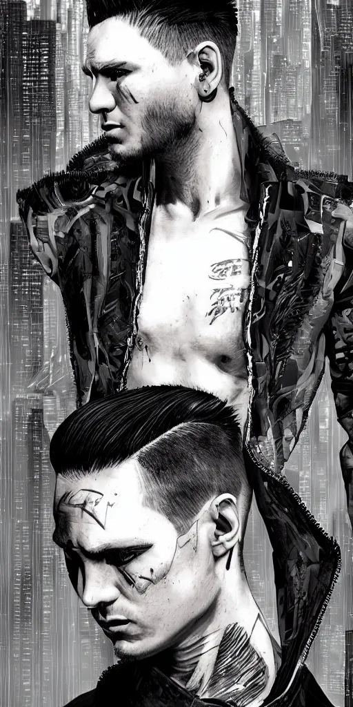 Prompt: Graphic Illustration, Creative Design, hair style mohawk, man, techwear, Cyberpunk, Full Body Portrait, Character Design, by Alex Ross