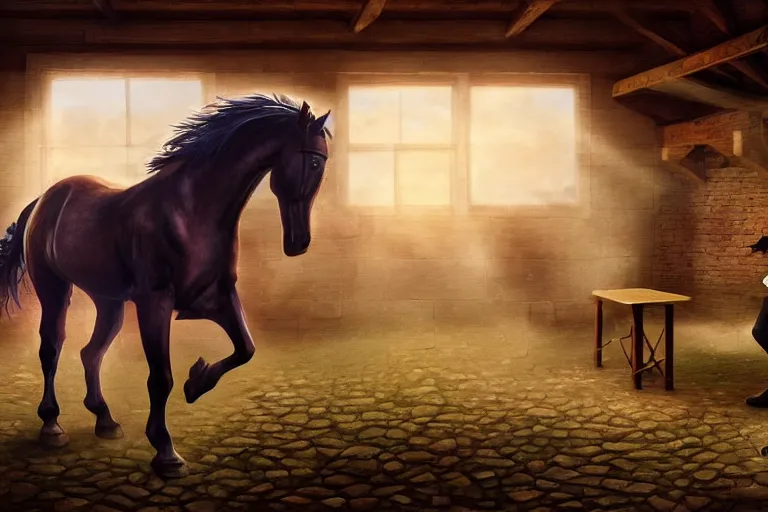 Image similar to A horse attempting to solve a jigsaw puzzle!!!, looking confused, cinematic lighting, evening light, stables, digital painting, volumetric light, concept art, trending on artstation