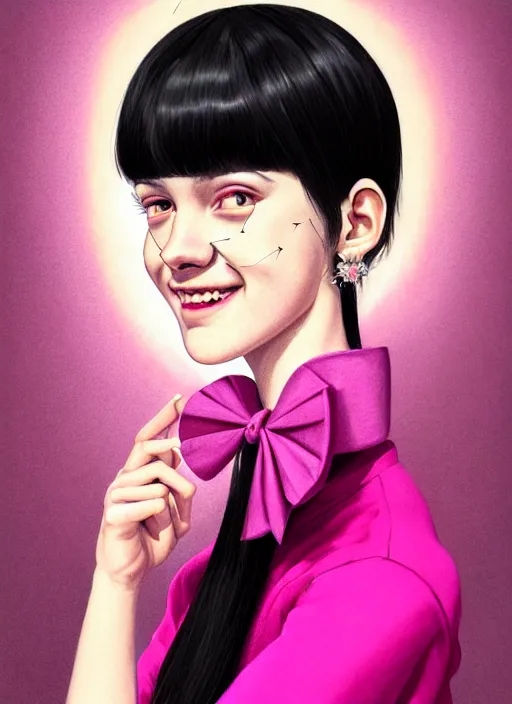 Image similar to portrait of high school girl, realistic, black hair, bangs, half updo hairstyle, pointy nose, skinny, smile, ugly, defined jawline, big chin, pink hair bow, earrings, intricate, elegant, glowing lights, highly detailed, digital painting, artstation, sharp focus, illustration, art by wlop, mars ravelo and greg rutkowski