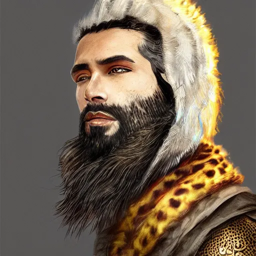 Prompt: A portrait of a king with a trimmed beard, dual wielding swords, wearing dragonscale armor and a cheetah pelt cloak, fantasy, artstation