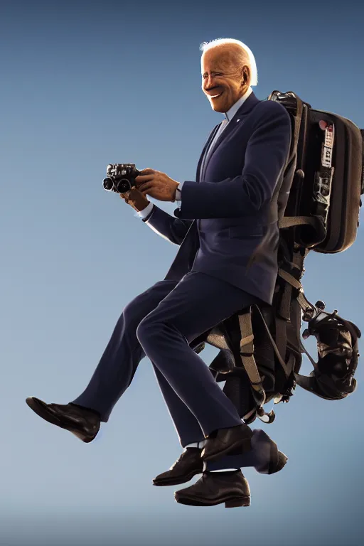 Image similar to joe biden flying with jet pack, hdr, d n d, photorealistic, cinematic, smooth, 4 k, aesthetic lighting, baroque object, sharp focus, hyperdetailed, featured face details, tumblr trending, with small object details, winning pullitzer award photo by : canon eos 5 d mark iv, by karah mew and adnan abidi and jodie bateman