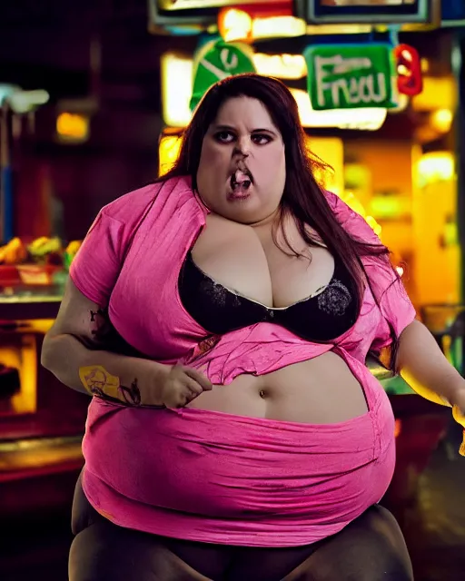 Prompt: film still of obese 3 0 0 - pound laysla de oliveira at mcdonald's, vibrant high contrast, octane, arney freytag, cinematic, portrait, backlit, rim lighting, 8 k