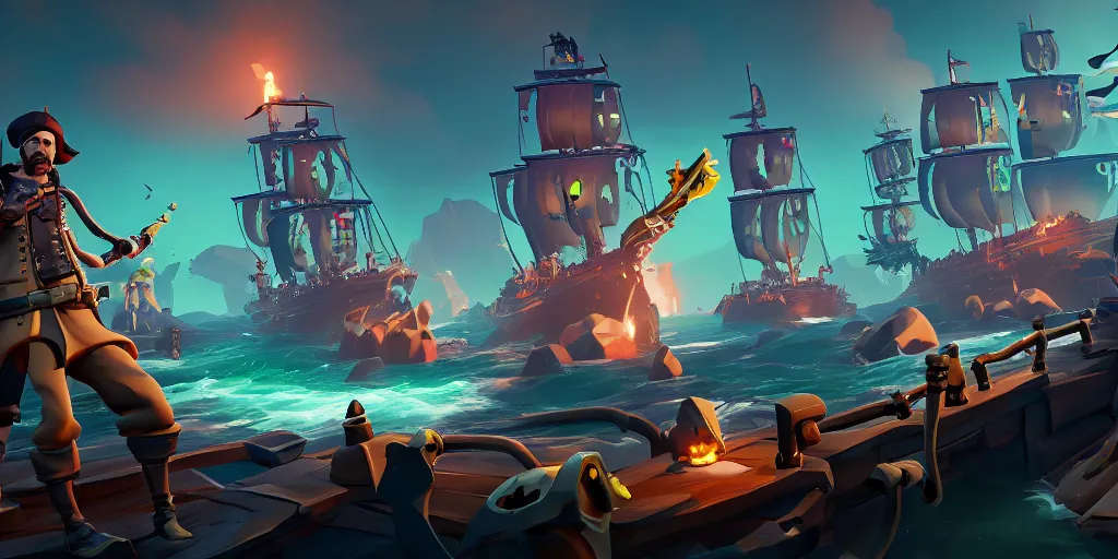 Image similar to sea of thieves in the style of cyberpunk,