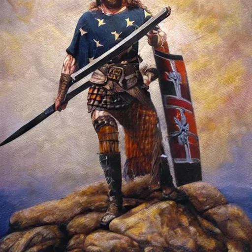 Image similar to Detailed hyper-realistic oil painting of William Wallace holding a Scottish claymore sword with one foot on a rock, 4K