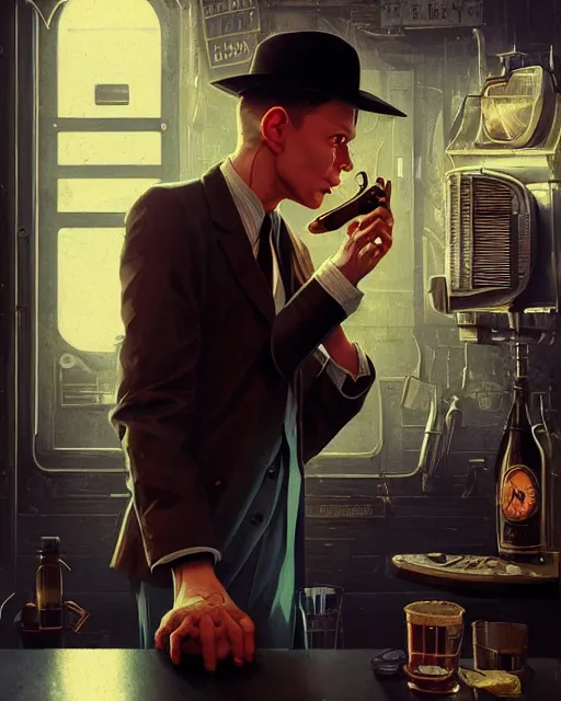 Image similar to young Frank Sinatra as a poor 1950s bartender, dystopia, 1980s Soviet Russia, steampunk, cyberpunk Stephen Bliss, unreal engine, fantasy art by Greg Rutkowski, Loish, Rhads, Makoto Shinkai and Lois van baarle, ilya kuvshinov, rossdraws global illumination, radiant light, detailed and intricate environment