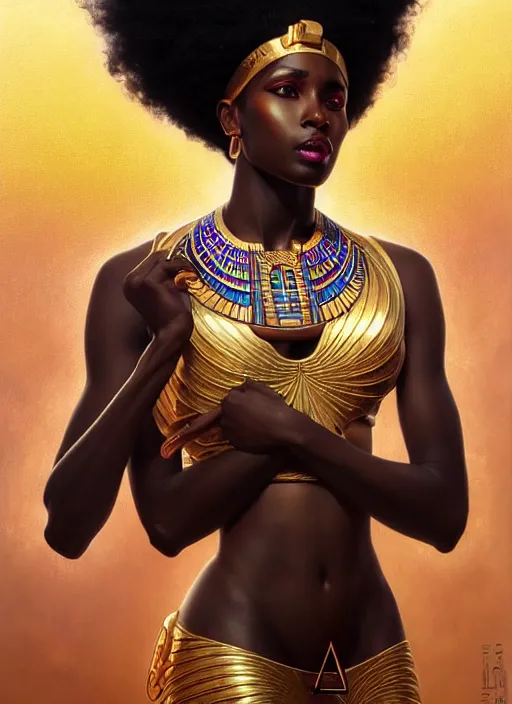 Prompt: close up portrait of beautiful maat egyptian symbolism, flawless black skin, perfect features, gorgeous west african woman by artgerm, cushart krenz, greg rutkowski, mucha. art nouveau. gloomhaven, swirly vibrant ripples, gaudy colors, sharp edges. ultra clear detailed. 8 k. elegant, intricate, octane render