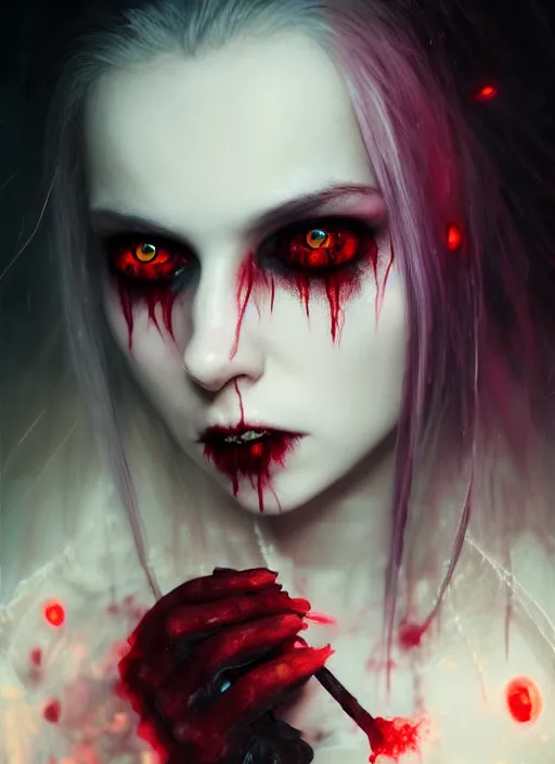 Image similar to beautiful, very very very extreme closeup portrait, bloody, vampire girl, extreme blood, vampire fangs, medieval dress. witch, makeup. unreal engine, greg rutkowski, loish, rhads, beeple, tom bagshaw, alphonse mucha, global illumination, detailed and intricate environment