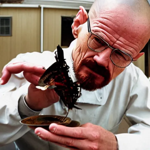 Prompt: walter white cooks a tiny mosquito, exotic cuisine