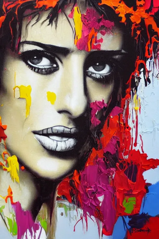 Prompt: oil painting, portrait of penelope cruz, graffiti, splash painting, by bansky