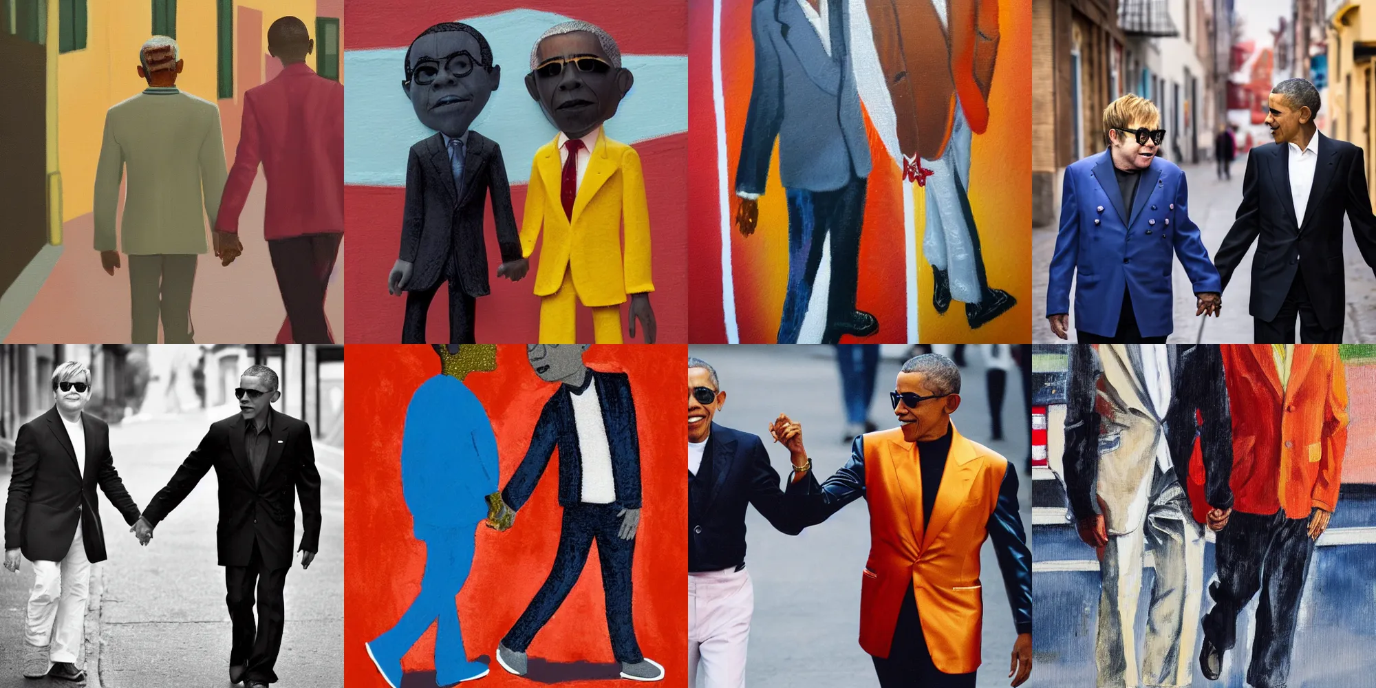 Prompt: elton john and barack obama holding hands on a street, romantic, gloomy, mysterious, warm colors, hyperrealistic, high detail, detailed faces, 8 k, award winning, masterpiece,