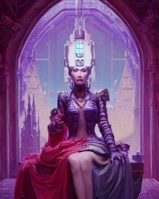 Image similar to highly detailed surreal vfx portrait of a cyberpunk queen in a majestic castle by golden tree, stephen bliss, unreal engine, greg rutkowski, loish, rhads, beeple, makoto shinkai and lois van baarle, ilya kuvshinov, rossdraws, tom bagshaw, alphonse mucha, global illumination, detailed and intricate environment