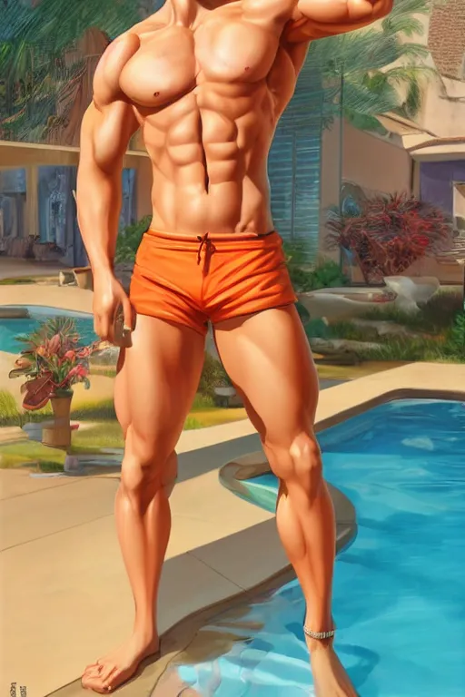 Prompt: a handsome man with blonde hair, ken doll, muscular, wearing a cut-off white top and short light orange shorts, stands by a swimming pool, facing forward, in the style of artgerm and moebius and annie liebovitz, photorealistic, highly detailed, trending on artstation