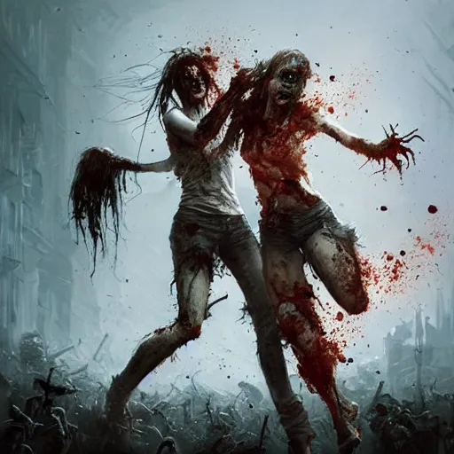 Image similar to two angry zombie girls attacking each other, intricate, art by greg rutkowski, high detailed, 4 k,