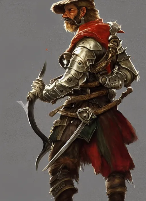 Image similar to strong young man, photorealistic bugbear ranger holding sword, fire magic, black beard, dungeons and dragons, pathfinder, roleplaying game art, hunters gear, jeweled ornate leather and steel armour, concept art, character design on white background, by sargent, norman rockwell, makoto shinkai, kim jung giu, artstation trending, poster art, colours red and green