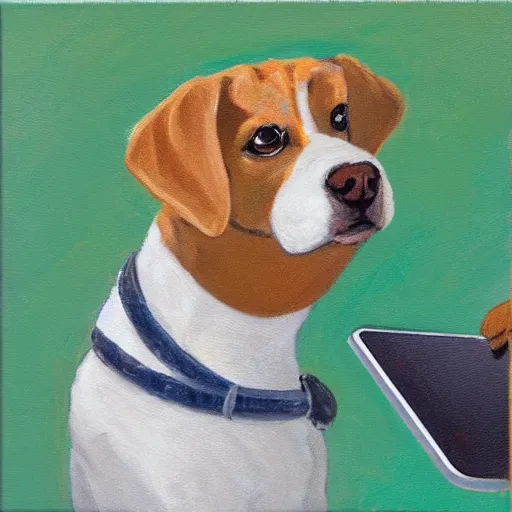 Prompt: A doggie checking it’s twitter feed, oil on canvas.