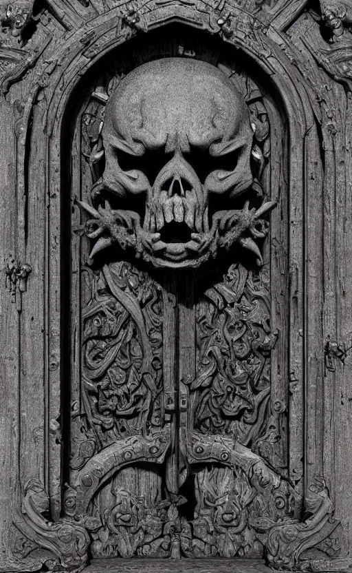 Prompt: port door with carved sinister face head. meduza gorgona. cast iron. gothic medieval baroque. symmetry. epic. ominous shapes. hyper detailed. photoreal. trending on artstation