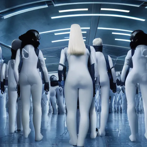 Prompt: troop of cloned ancient women with white bob hairdos, tight light blue neopren suits, futuristic production facility, sci - fi, highly detailed, cinematic