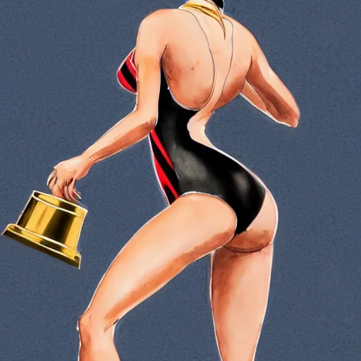 Image similar to a perfect, realistic professional digital sketch of a Japanese woman in racing one-piece swimsuit, she is holding a golden trophy cup, style of Marvel, by pen and watercolor, by a professional American senior artist on ArtStation, a high-quality hollywood-style sketch, on high-quality paper