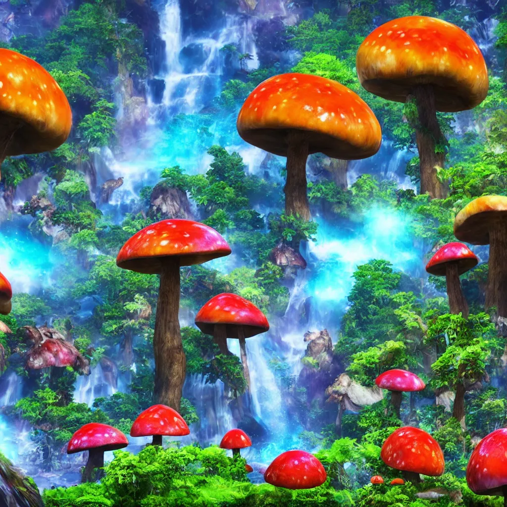 Prompt: colorful alien planet background, giant mushrooms, waterfall, tropical vegetation, landscape, rocks, anime, octane render, 4 k, ingame shot