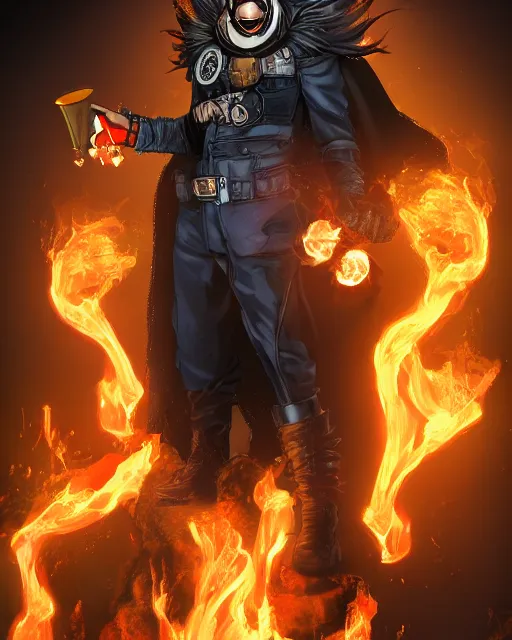 Image similar to steampunk batman with fire and ice magic coming out from his hands in a dystopian environment, full body view, highly detailed, amazing digital art, artstation, sharp focus