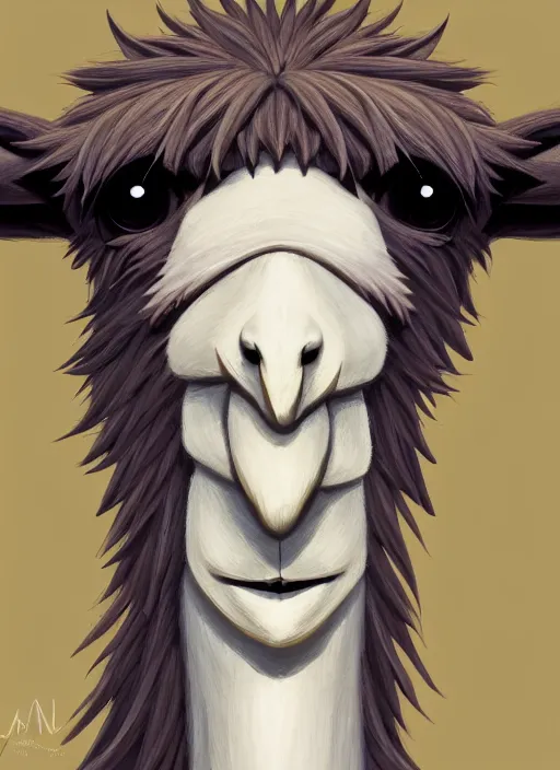 Image similar to centered!! macro head portrait of a llama, artstation, detailed cartoon, elegant, digital painting, concept art, smooth, sharp focus, illustration, ghibli, makoto shinkai, don bluth, fujita goro, jean giraud, akihiko yoshida, tom whalen 8 k