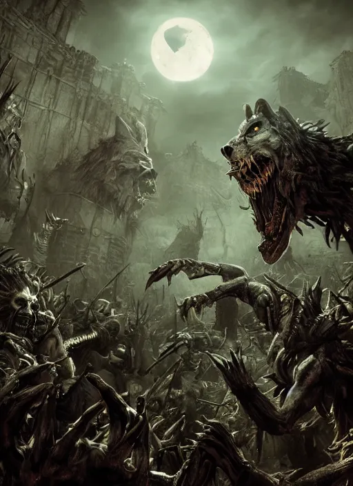 Image similar to werewolf fighting an endless army of skeletons, ultra detailed fantasy, elden ring, realistic, dnd, rpg, game design concept art, behance hd, artstation, deviantart, global illumination radiating a glowing aura global illumination ray tracing hdr render in unreal engine 5