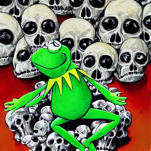 Prompt: Painting of Kermit the frog sitting on a throne made out of skulls. He owns this land and he knows it. All of you mortals should fear Kermit, the eater of souls.