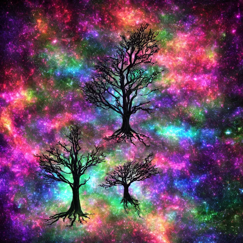 Image similar to tree of life, Cosmic tree of life, trees, Tree in a galaxy made of stars, space, nebulas stars Dmt Psychedelic cosmos, cosmic, Hallucination, night sky; 8k, artstation, unreal engine, octane render, hdr, surrealistic, hyperrealism, glow, photorealistic, volumetric lighting, Dreamy, dynamic, mystical