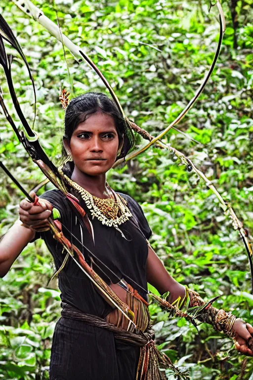 Image similar to a professional photo of a sri lankan jungle girl, black hair, hunter, with bow and arrow, covered in leaves, extremely high fidelity. key light.