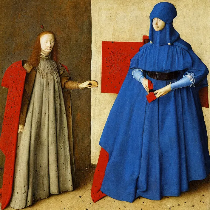 Prompt: woman in medieval armor with the pillow blue monster. jan van eyck