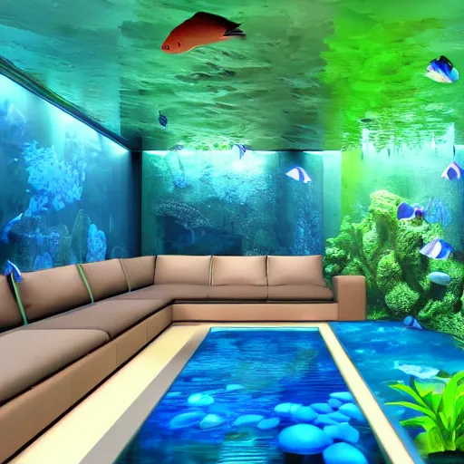 Image similar to realistic designed photo of the big modern room as aquarium with a beautiful fishes and corals, realistic colors, realistic shadows, daylight made by blender and cinema 4 d, 3 d