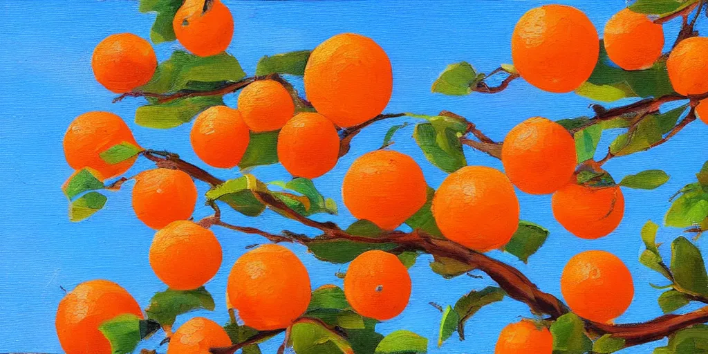 Image similar to brunch of orange tree against bright blue sky closeup, oil paint