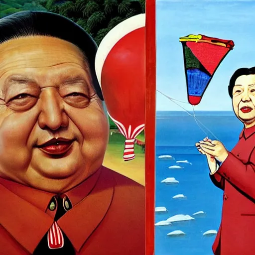 Image similar to george soros dressed as mao tse dong. where's wally, on a beach with beautiful girls, flying a kite, by slavador dali