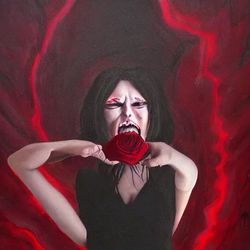 Prompt: extrem mad girl with extrem anger screams into the void to release her anger in her hamd she holds a rose, high detail painting in dark red colors by Mamoru Kanbe