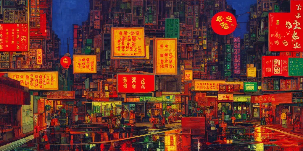 Prompt: artwork of a hong kong street, by dan mumford and peter doig and edward hopper, highly detailed, dramatic lighting, 8 k
