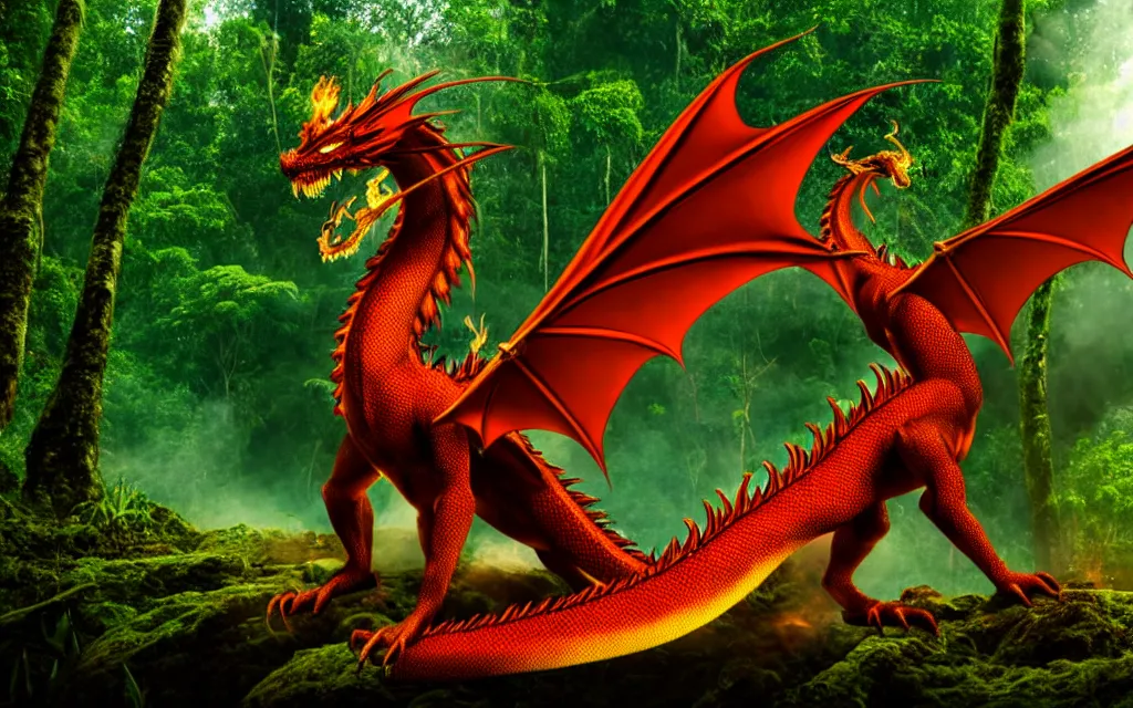 Prompt: handsome fire dragon in Amazon rainforest, background focus, fantasy, magic, realistic textured skin, 8K