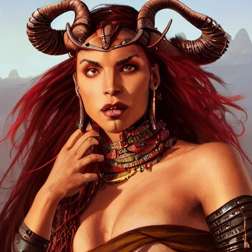 Image similar to portrait of a female berber tiefling, red skin, long horns, black hair, ponytail, steel armor, in a desert, strong, fierce, fantasy, intricate, elegant, highly detailed, digital painting, artstation, concept art, character art, smooth, sharp focus, illustration, art by greg rutkowski and alphonse mucha