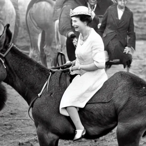Image similar to queen elizabeth riding on a donkey
