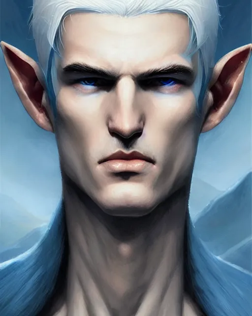 Prompt: character portrait of a slender young half elven man with white hair and white eyebrows, piercing bright blue eyes, and pale bluish skin, by greg rutkowski, mark brookes, jim burns, tom bagshaw, trending on artstation