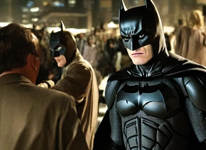 Image similar to A scene from the movie The Dark Knight (2008) starring Brian Cranston as Batman in the film. in the scene we can see batman (Played by brian Cranston) we can see his face clearly. Very Detailed. Wide shot. High Quality. 4k