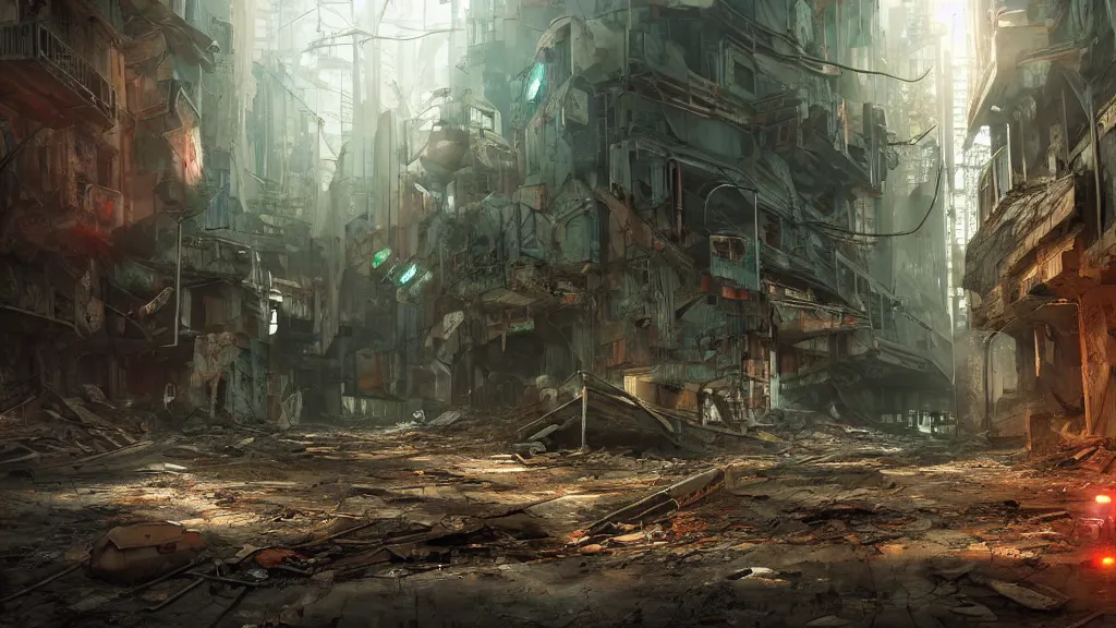 Prompt: exploring an abandoned, derelict, decaying, cyberpunk city, concept art, cinematic, volumetric lighting, futuristic,, hyperrealistic, highly detailed, colourful 4 k hd
