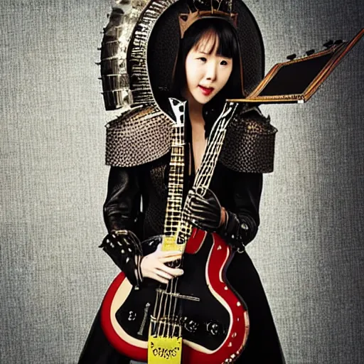 Prompt: iu wearing medieval armor playing an electric guitar