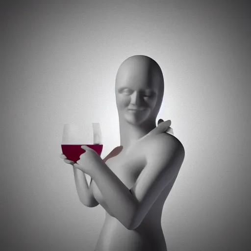 Prompt: a smiling model of a white marble human head holding a coctail, digital illustration, in the style of skeeva, 3 d render, above the waist