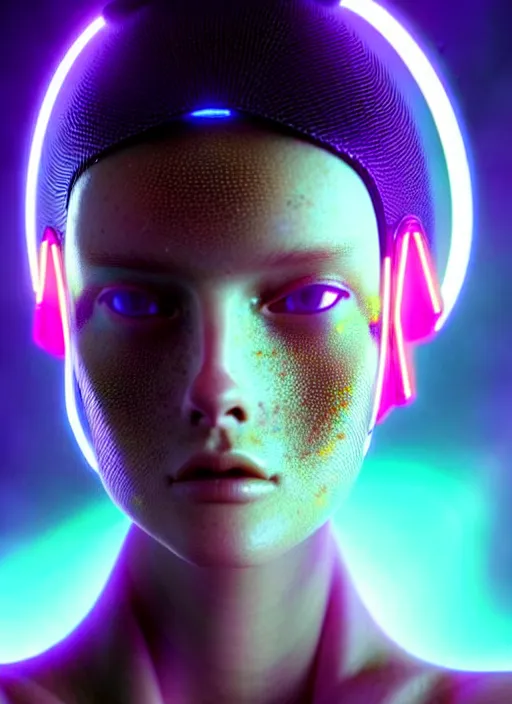 Image similar to a sensual caucasian female humanoid with freckles, cyber neon lighting, futurism, intricate futuristic jewelry accessories, cyberpunk high fashion, profile posing, hyper photorealistic, crispy quality, digital photography, trending in artstation, trending in pinterest, cinematic, 4 k ultra hd, art by pascal blanche, art by greg rutkowski,