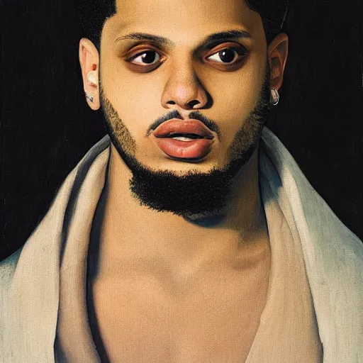 Image similar to a portrait painting of smokepurpp by giovanni bellini