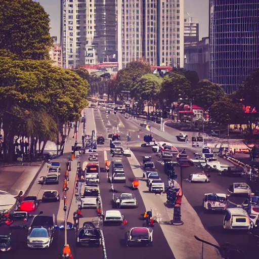 Image similar to street scene, retro futuristic vintage shiny polished traffic mainly cars and motorcycles, volumetric lighting, beautiful, day time, spring, sunny weather, sharp focus, highly detailed, photorealistic, 4 0 0 0 k, f 1. 4, cgsociety