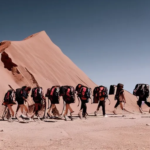 Prompt: a huge group of models wearing giant hiking backpacks, walking in the desert, margiela campaign, giant crowd, cinematic lighting, hd vfx, shot from behind